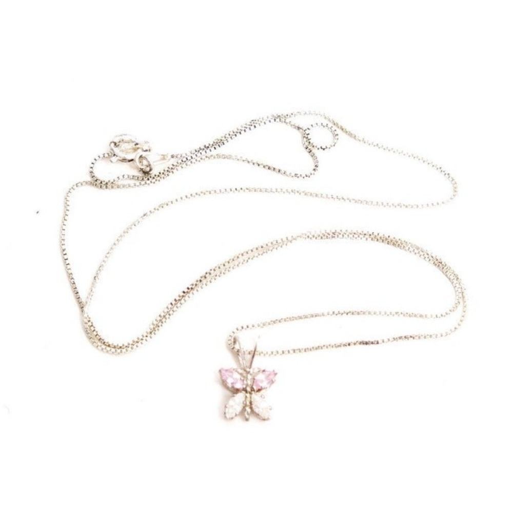 Beautiful sterling silver Pink‎ & Clear Small Butterfly pendant 925 Chain